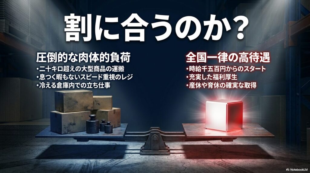 業務の肉体的負荷と、高時給・福利厚生などの好待遇を天秤にかけて比較するスライド。