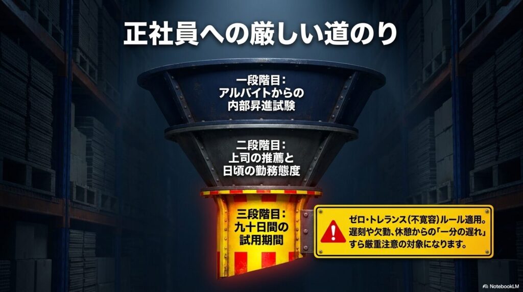 アルバイトから正社員への昇進プロセスと、勤怠に対する非常に厳しいルールを説明するスライド。