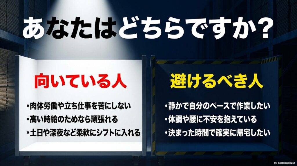 コストコでの勤務に向いている人と、避けるべき人の特徴を対比させてリスト化したスライド。