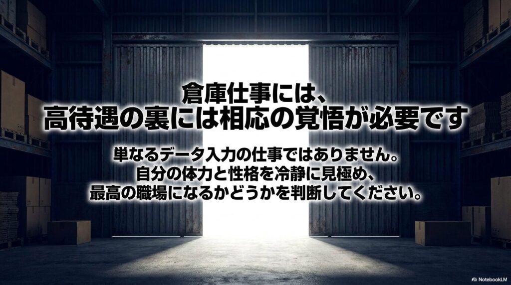 倉庫仕事の高待遇には相応の覚悟が必要であることを伝え、自身の体力や性格を冷静に見極めるよう促すスライド。