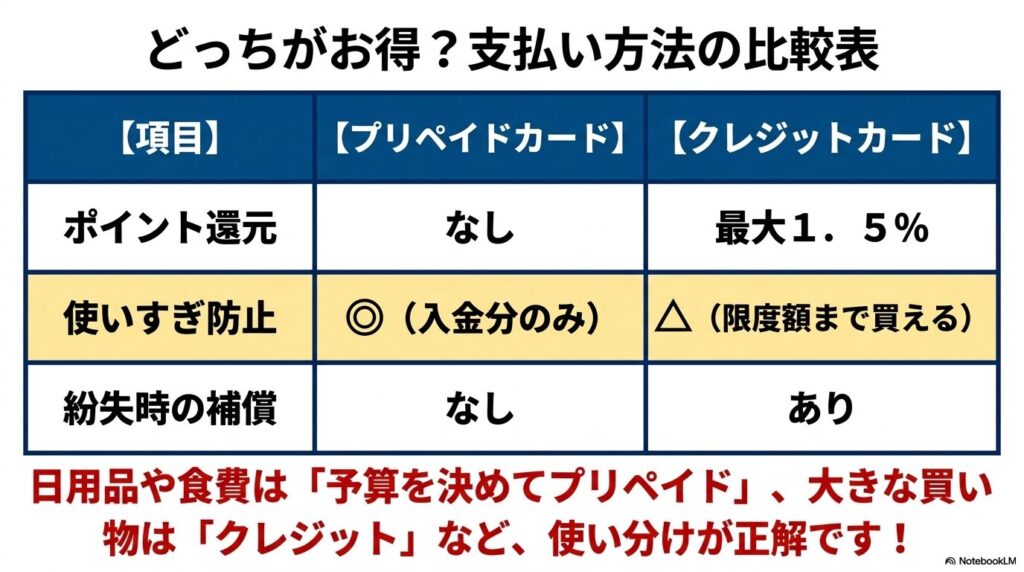 プリペイドカードとクレジットカードの比較表。ポイント、使いすぎ防止、補償の違いを解説。