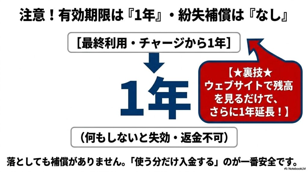有効期限は最終利用から1年であること、紛失補償がないこと、期限を延長する裏技の解説。