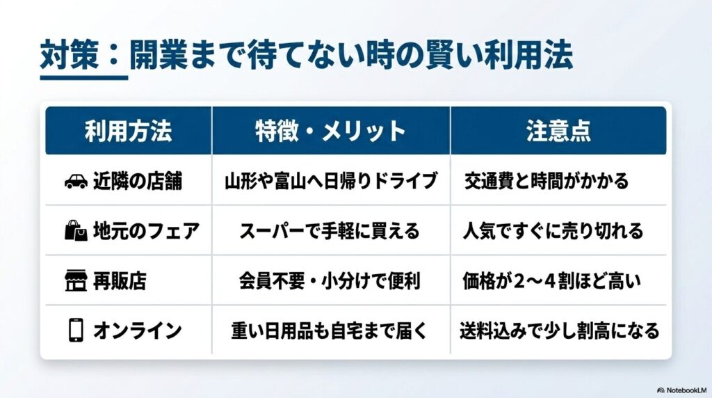 2028年の開業を待つ間の賢い利用法として、近隣店舗、地元フェア、再販売店、オンラインの特徴と注意点。