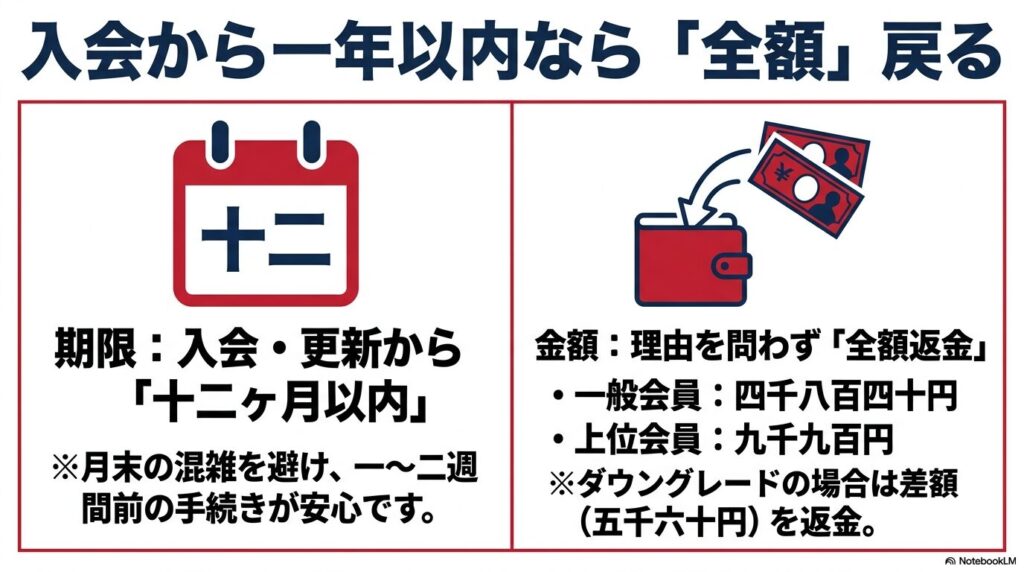 入会または更新から12ヶ月以内であれば、年会費が全額返金される期限と金額についての説明。