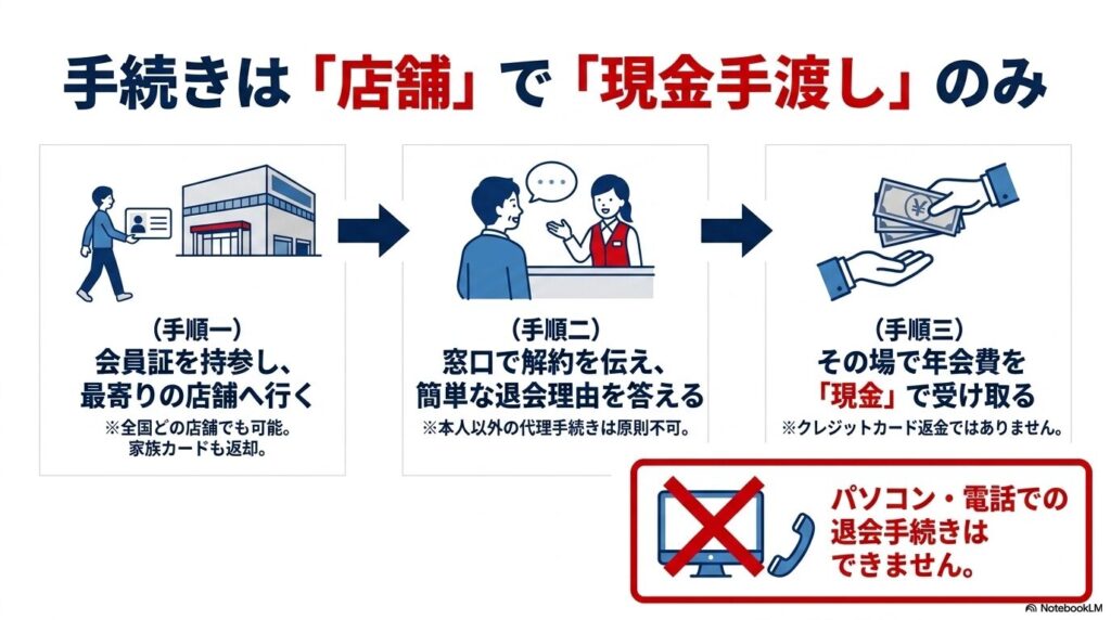 退会手続きは店舗の窓口でのみ可能で、年会費がその場で現金返金される3つの手順。