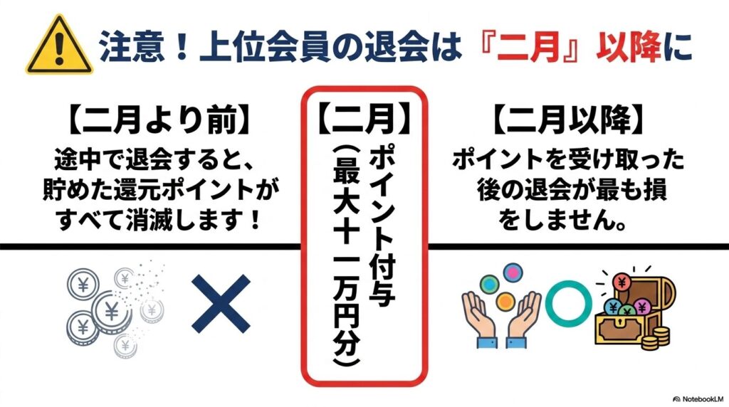 上位会員は2月に付与される還元ポイントを受け取ってから退会すべきという注意点。