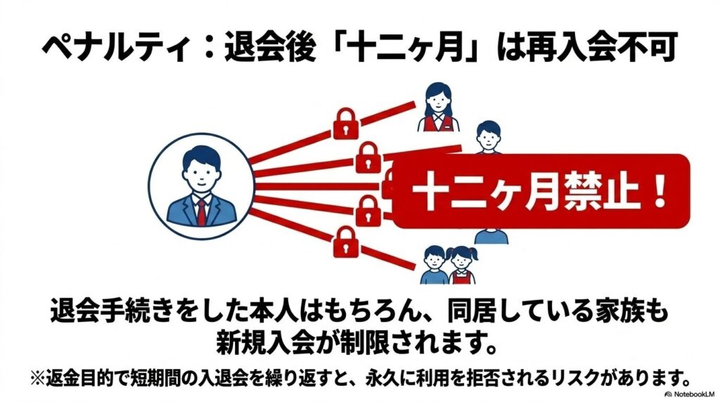 退会後12ヶ月間は本人だけでなく同居家族も再入会が制限されるペナルティについての説明。
