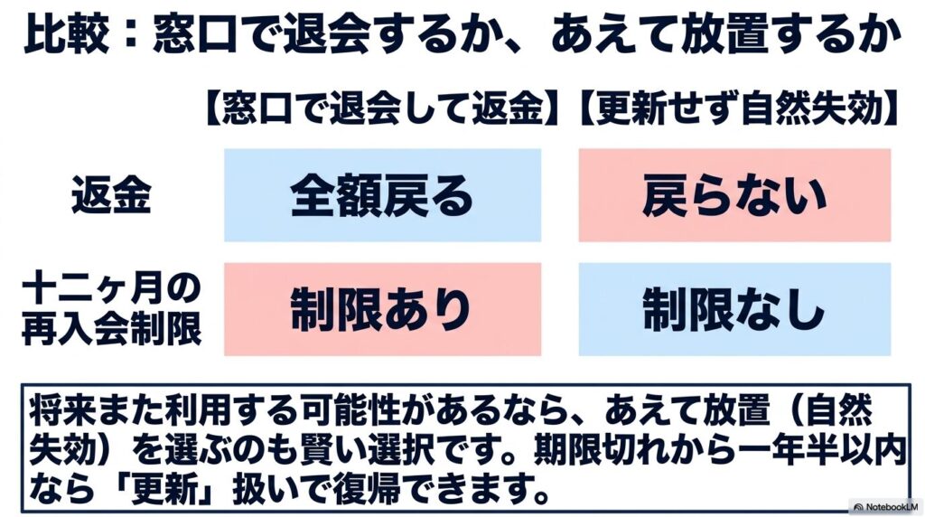 窓口で退会して返金を受ける場合と、更新せず自然失効させる場合のメリットとデメリットの比較。
