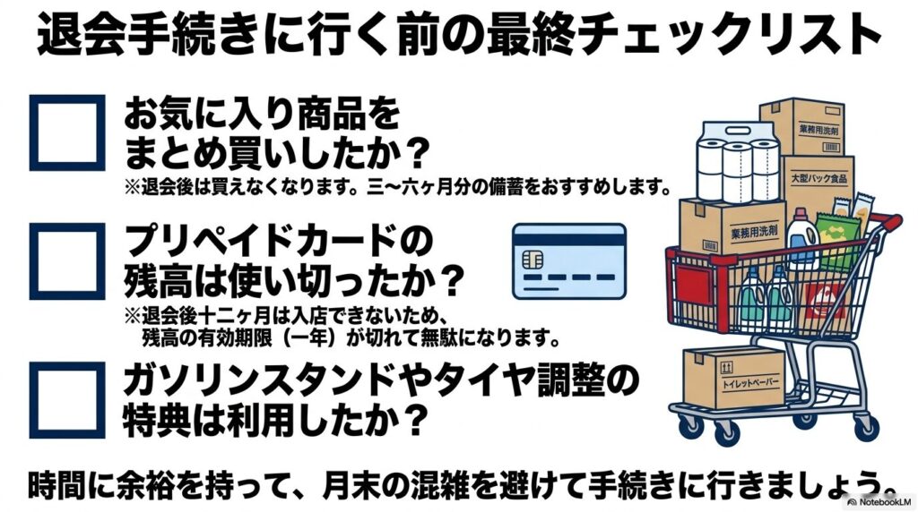 退会手続き前に確認すべき、備蓄、プリペイドカード残高、会員特典に関する最終チェックリスト。