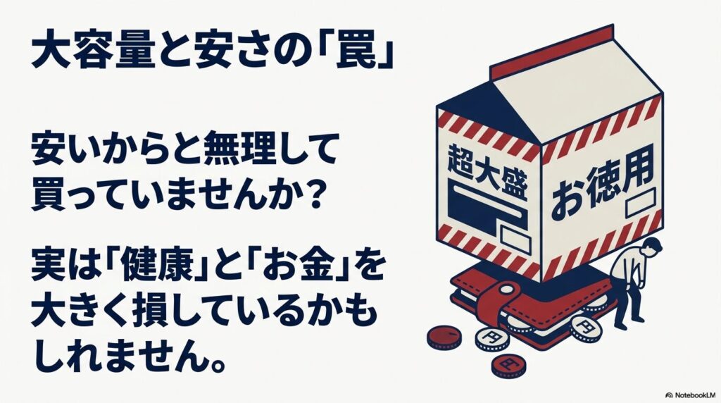 大容量と安さの罠について、健康とお金を損する可能性を警告するスライド。