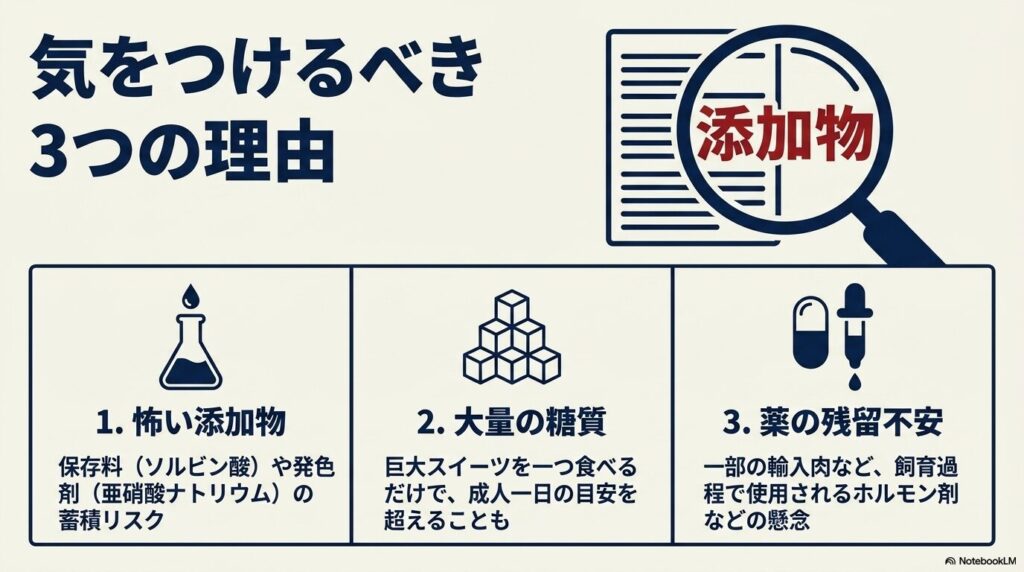 添加物、糖質、薬の残留不安という、コストコ商品で気をつけるべき3つの理由の解説。
