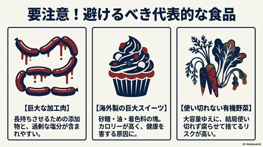 加工肉、巨大スイーツ、使い切れない有機野菜など、要注意な食品の具体例。