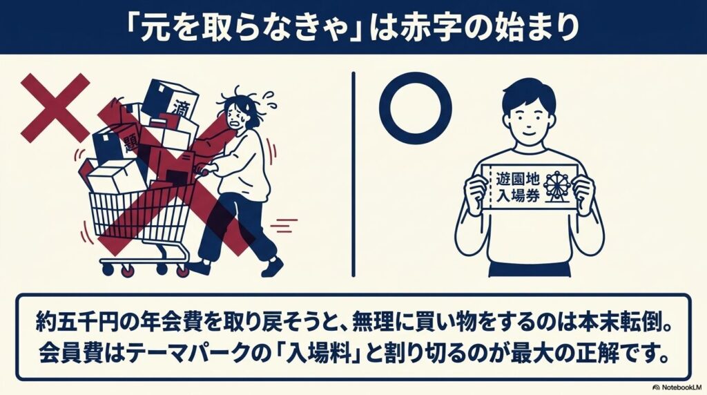 年会費の元を取ろうと無理な買い物をせず、テーマパークの入場料と割り切る考え方の提案。