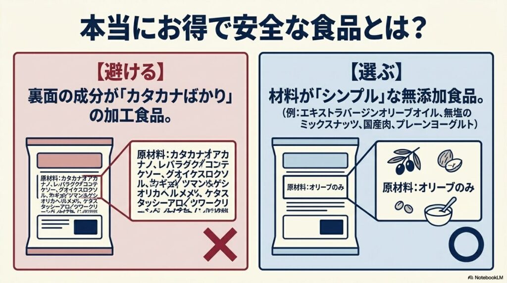 裏面の原材料表示を確認し、添加物の多い食品を避け、シンプルなものを選ぶ方法の解説。