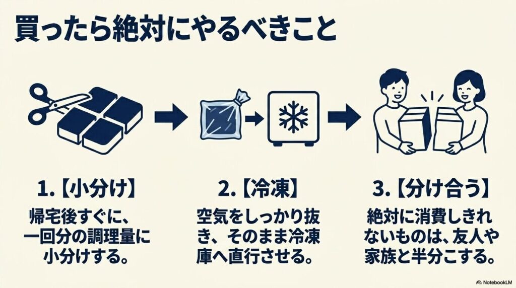 帰宅後の小分け、冷凍保存、友人や家族とのシェアという、購入後の3つの鉄則。