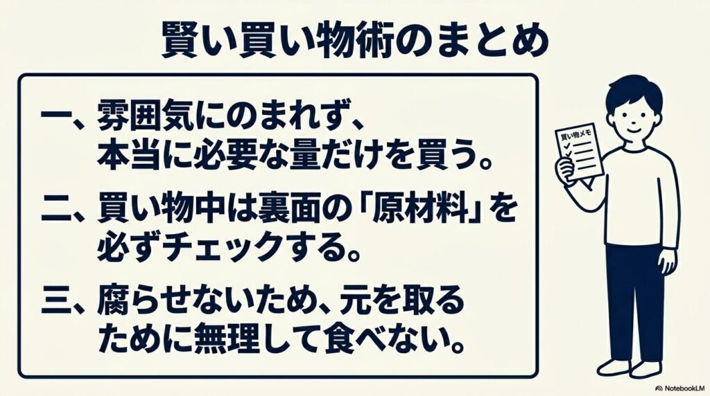 本当に必要な量だけ買う、原材料を確認する、無理して食べないという賢い買い物術のまとめ。