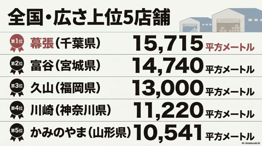 日本国内のコストコ店舗面積トップ5を、幕張、富谷、久山、川崎、かみのやまの順でランキング。