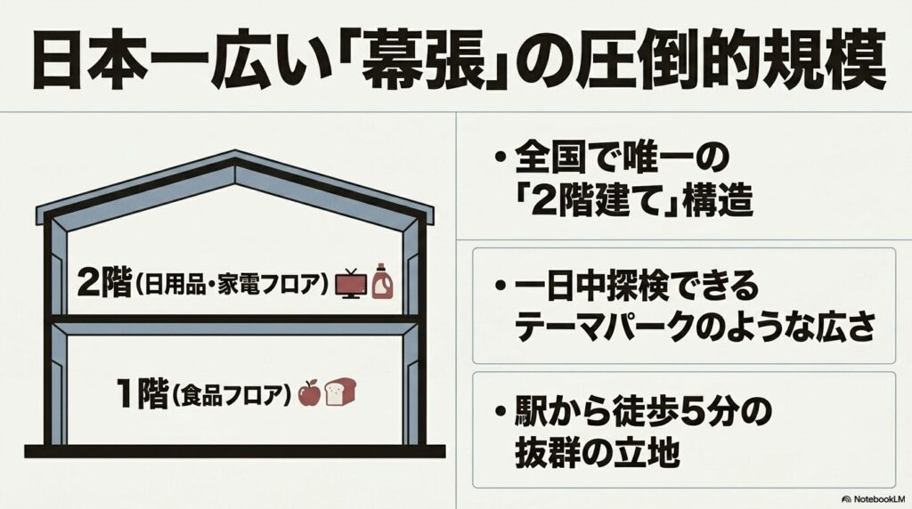 日本一広い幕張倉庫店の特徴である2階建て構造と、駅から徒歩5分という好立地を解説。