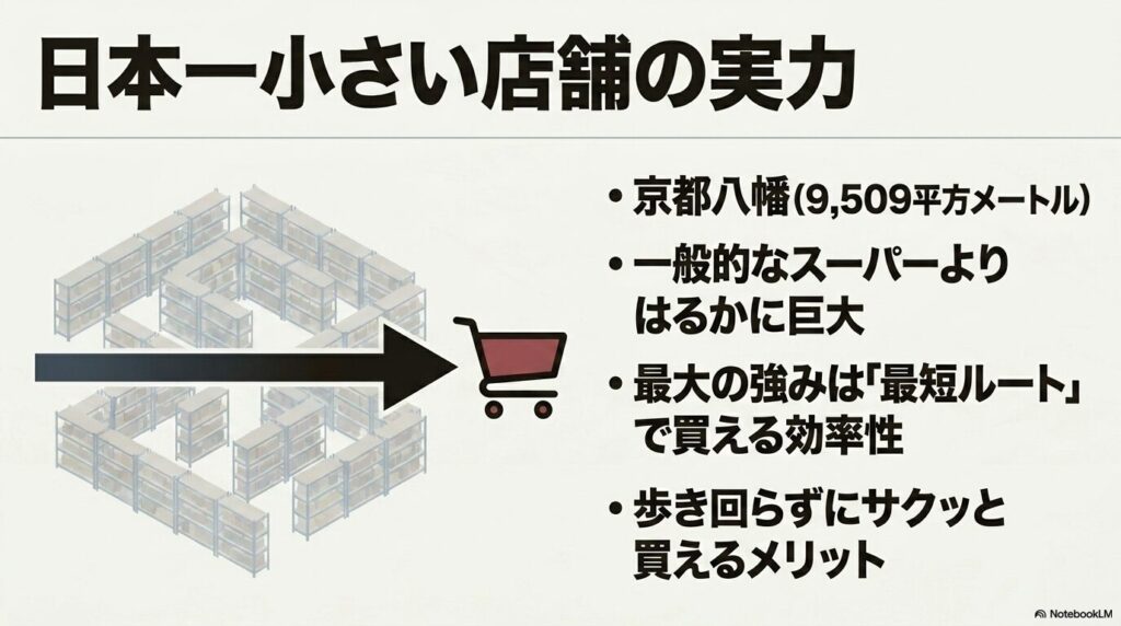 日本一小さい京都八幡倉庫店のメリットとして、最短ルートで効率よく買い物ができる点を強調。
