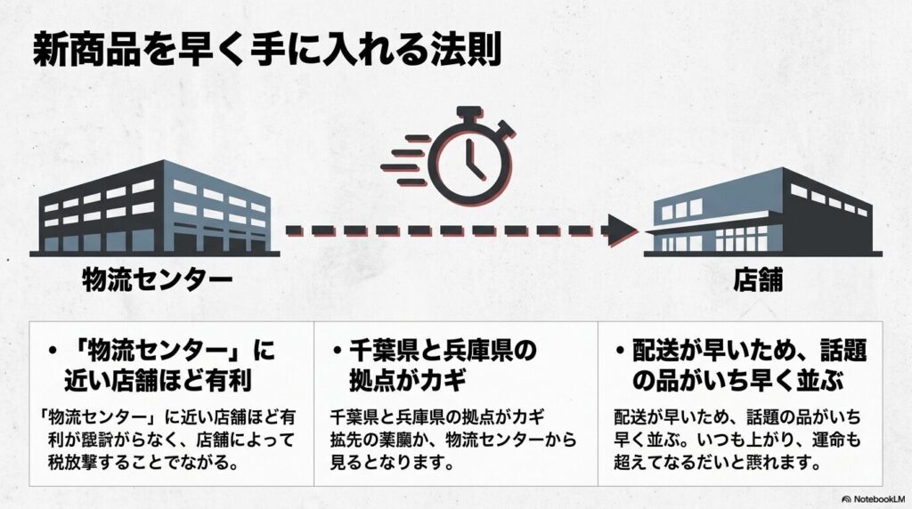 物流センターに近い店舗ほど新商品が早く入荷するという法則を、拠点場所とともに紹介。