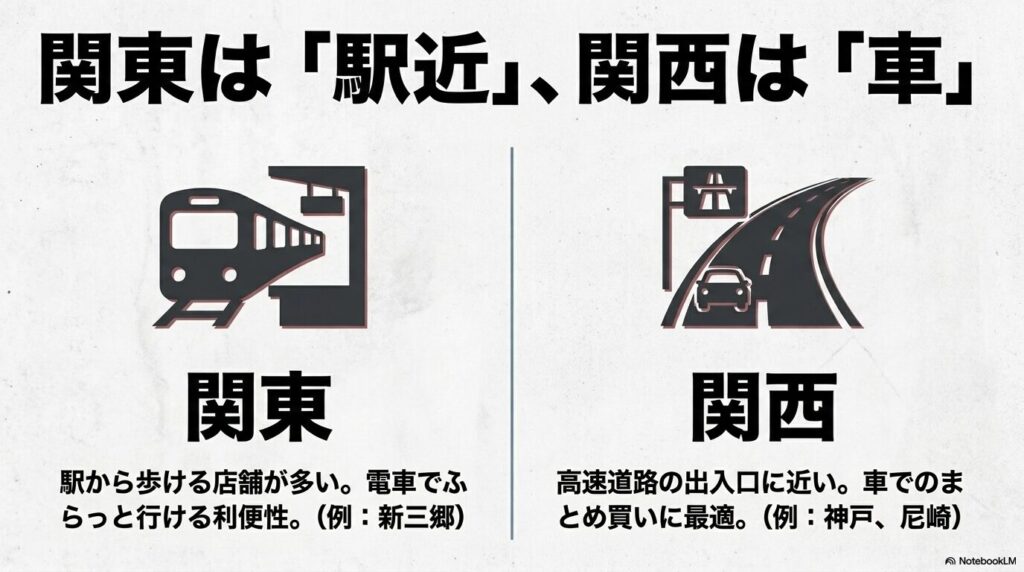 関東の「駅近」で電車利用に便利な店舗と、関西の「車」で高速道路から近い店舗の特徴を比較。