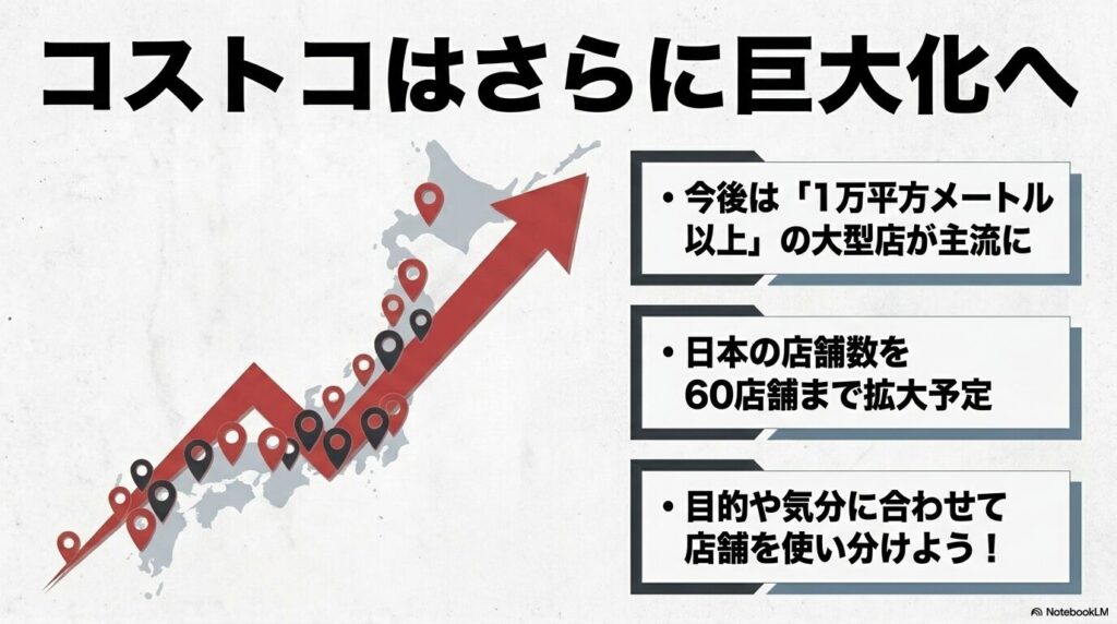 コストコが今後1万平方メートル以上の大型店を主流とし、国内60店舗を目指すという展望。