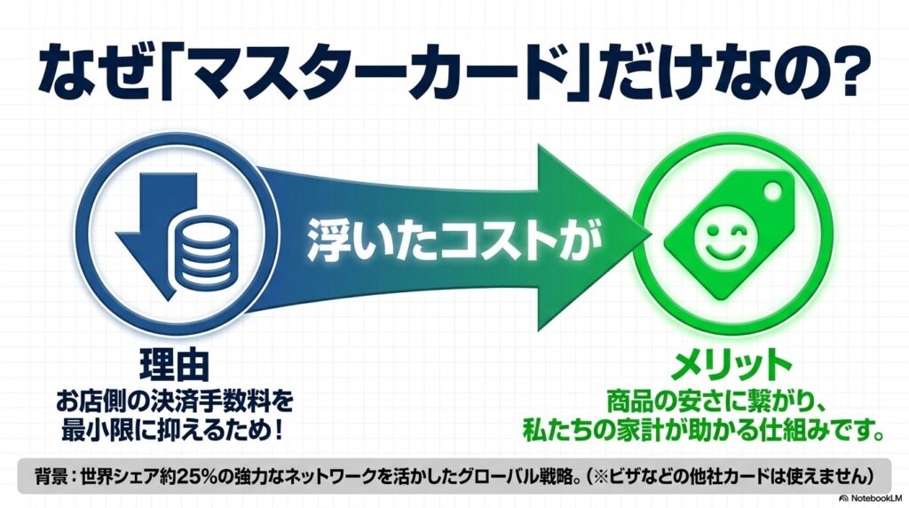 コストコでマスターカードのみが使用可能な理由と、それが価格の安さに繋がるメリットを説明しています。