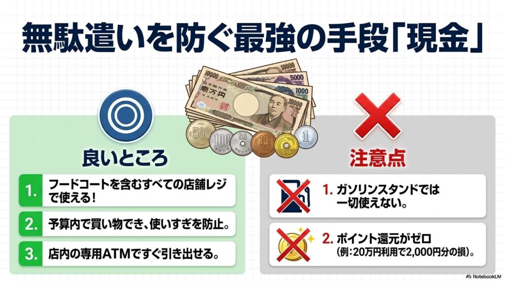 現金払いのメリットとして使いすぎ防止を挙げ、ガソリンスタンドで使えないなどの注意点を比較しています。
