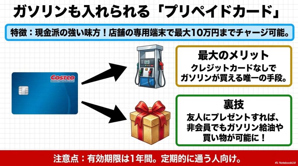 クレジットカードなしでガソリンが買えるコストコ専用プリペイドカードの特徴と活用法を説明しています。