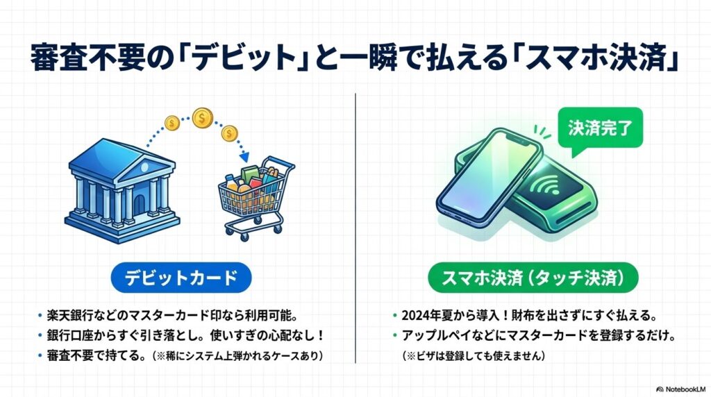 審査不要のデビットカードと、マスターカードを登録したスマホ決済のメリットを紹介しています。