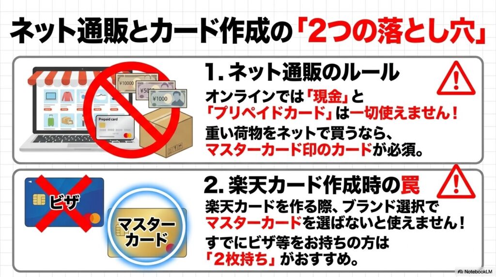 オンライン通販での支払い制限と、カード作成時の国際ブランド選択に関する注意点を解説しています。