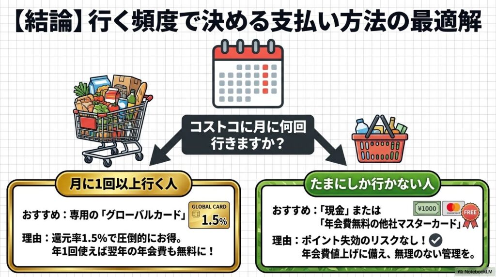 コストコを利用する頻度に応じた、おすすめの支払い方法の結論をまとめたスライドです。