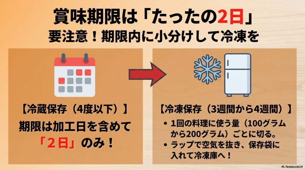 チャーシューの冷蔵保存期限は2日であることと、長期保存のための冷凍方法を説明するスライド。