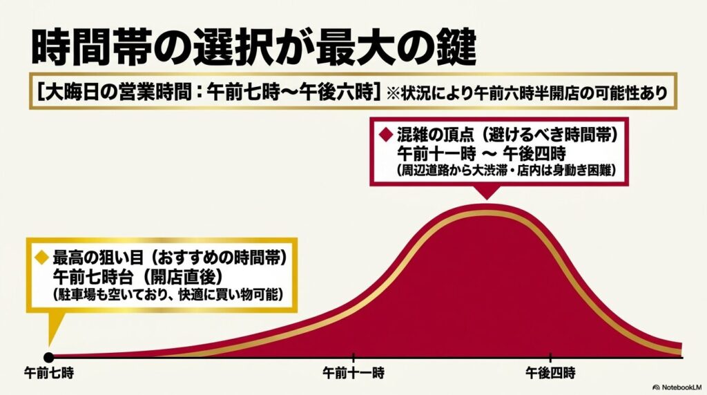 大晦日のコストコの混雑状況を時間帯別に示した、狙い目と避けるべき時間を解説するグラフ。