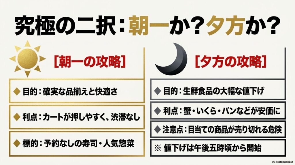 朝一番と夕方の買い出し、それぞれの目的と利点、注意点を比較した表。