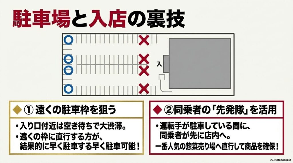混雑時の駐車場での駐車場所の選び方と、同乗者を先に店内に向かわせる裏技の解説。