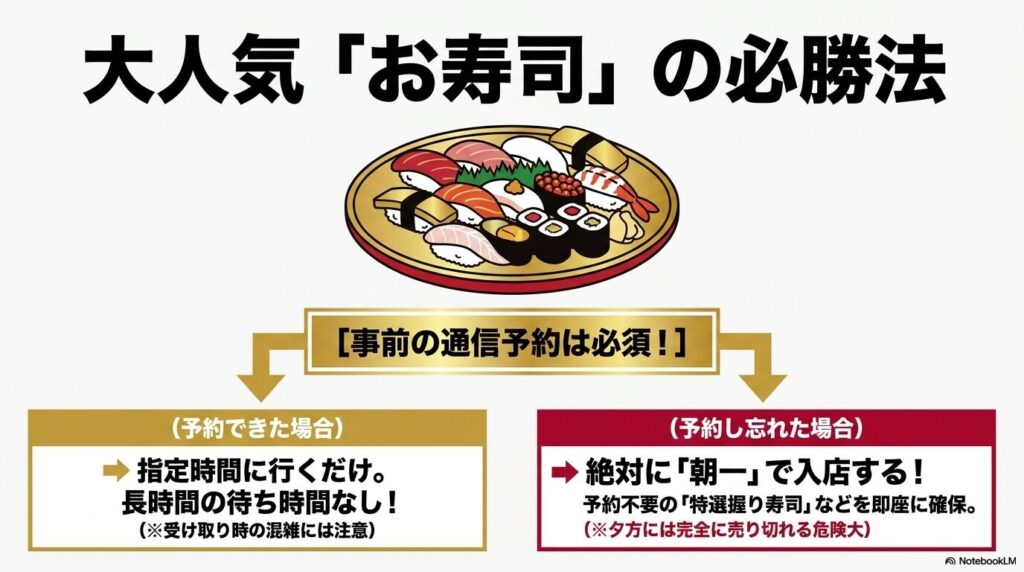 大人気のお寿司を確実に手に入れるための、事前予約や朝一番の入店についての解説。