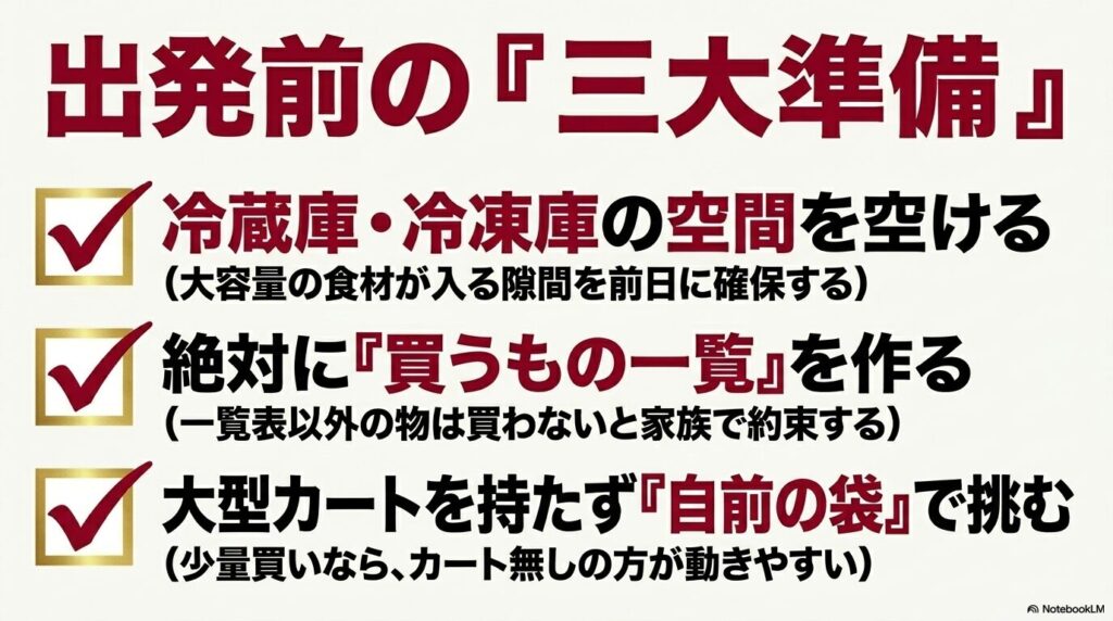 コストコへ行く前にしておくべき、冷蔵庫の確保、買い物リスト作成、自前の袋の準備という3つの準備。