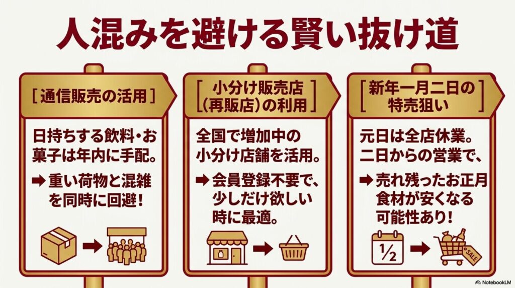 通信販売、小分け販売店、1月2日の特売といった、混雑を避けるための代替案。