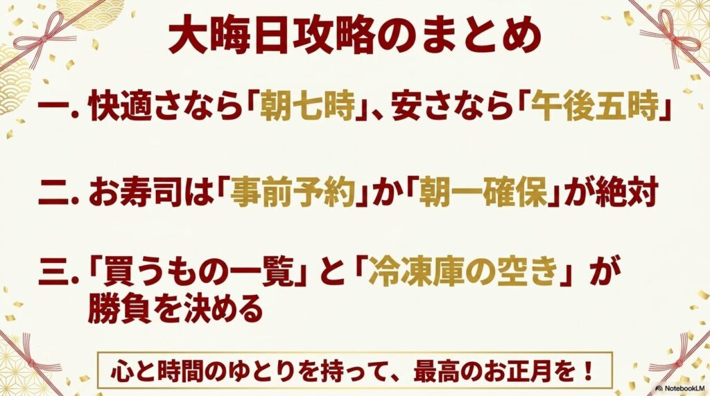 快適さや安さを求める時間帯、お寿司の確保、事前の準備など、大晦日のコストコ攻略法のまとめ。