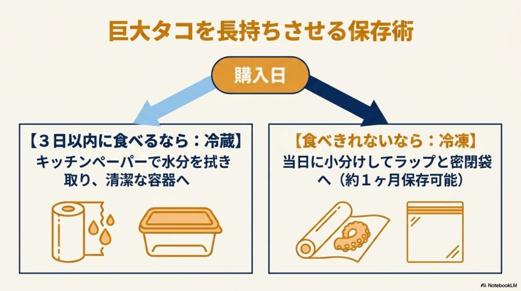 炙りタコの保存方法として、3日以内の冷蔵保存と1ヶ月程度の冷凍保存の手順を説明しています。