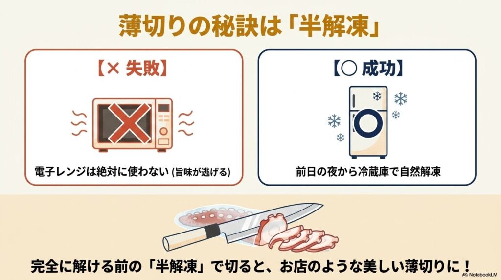 タコを綺麗に薄切りにするコツは、電子レンジを使わず冷蔵庫で半解凍の状態にすることだと説明しています。