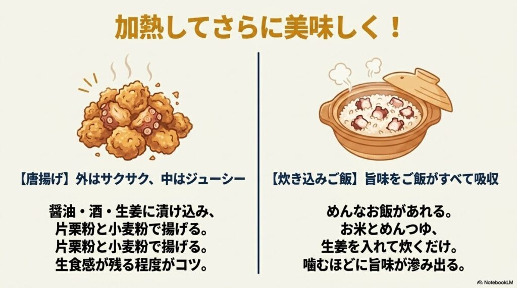 加熱調理のレシピとして、タコの唐揚げと炊き込みご飯の作り方のコツを紹介しています。