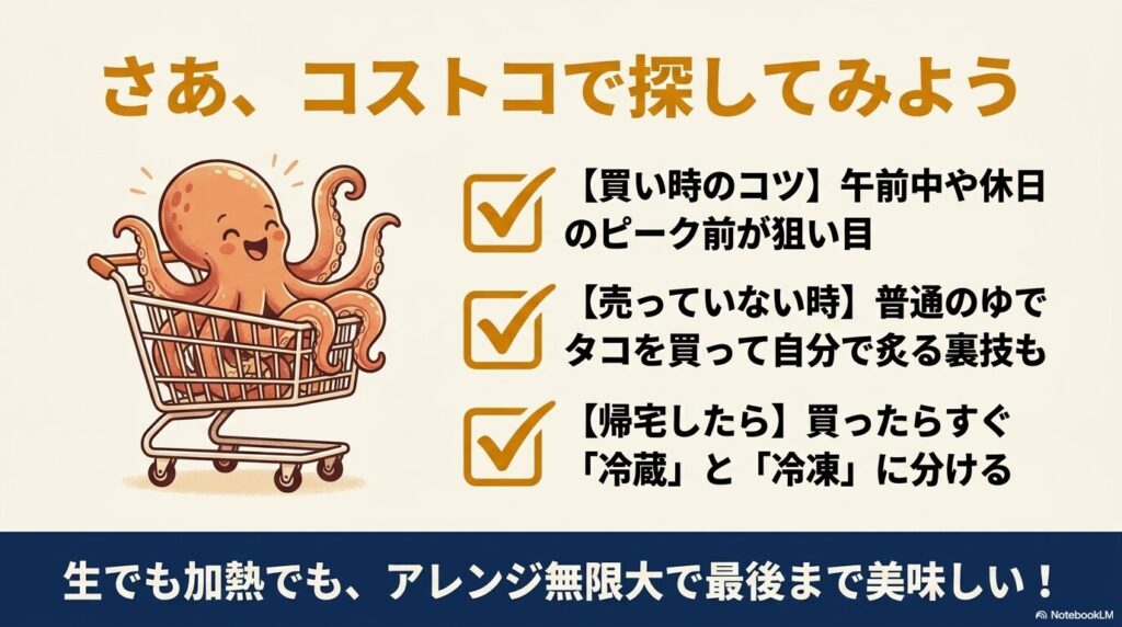 コストコでの買い時のコツや、売り切れ時の裏技、帰宅後の処理についてまとめています。