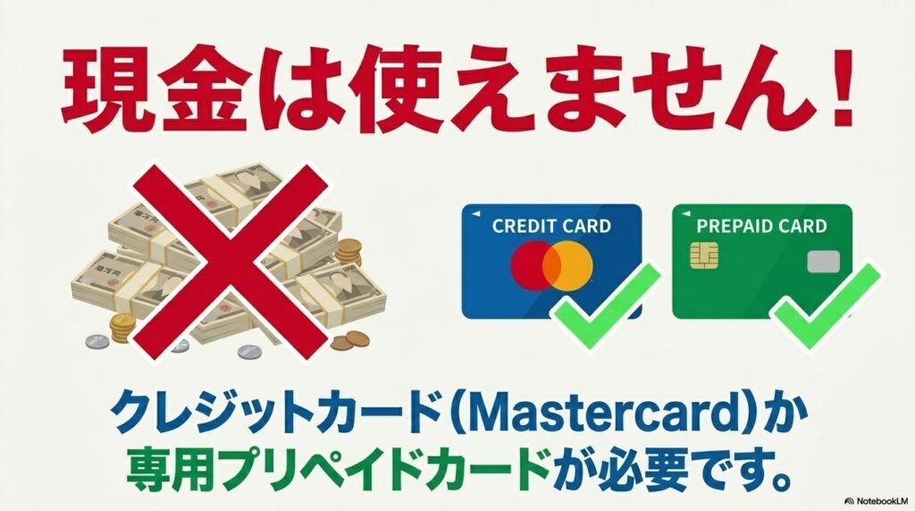 支払いに現金は使用できず、Mastercardブランドのカードか専用プリペイドカードが必要です。