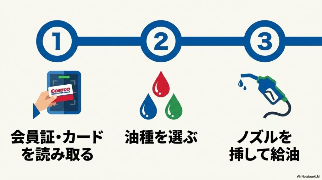 給油の手順は、カードの読み取り、油種の選択、給油の3つのステップで構成されています。