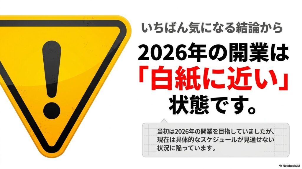 2026年の開業計画が「白紙に近い」状態であることを伝える警告スライド。