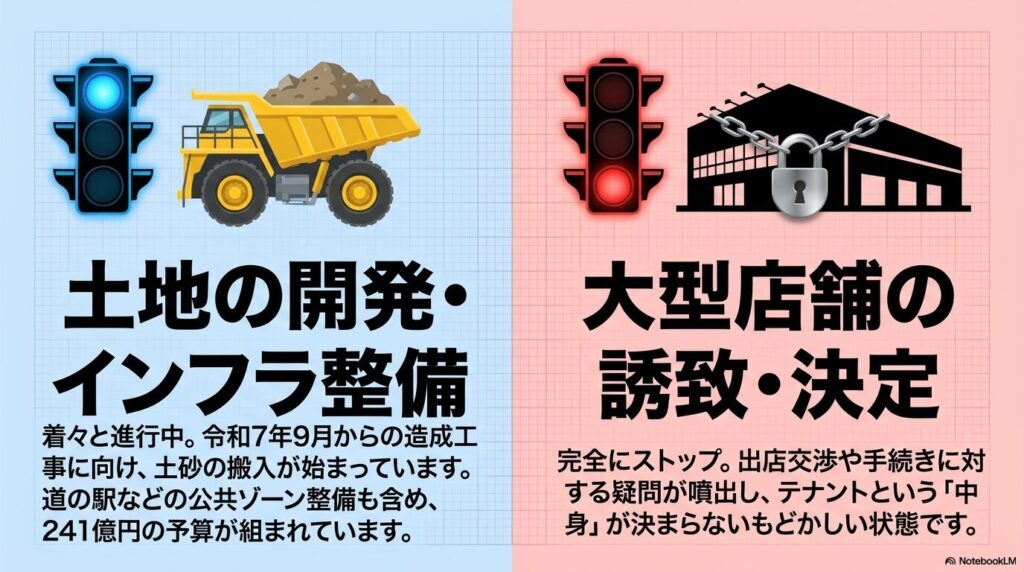 土地開発・インフラ整備は進行中だが、大型店舗の誘致・決定は完全にストップしている状況の比較。