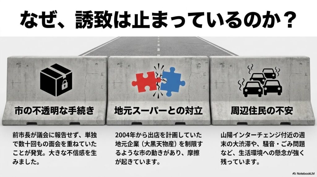 誘致が止まっている3つの主な理由（不透明な手続き、地元との対立、住民の不安）の解説。