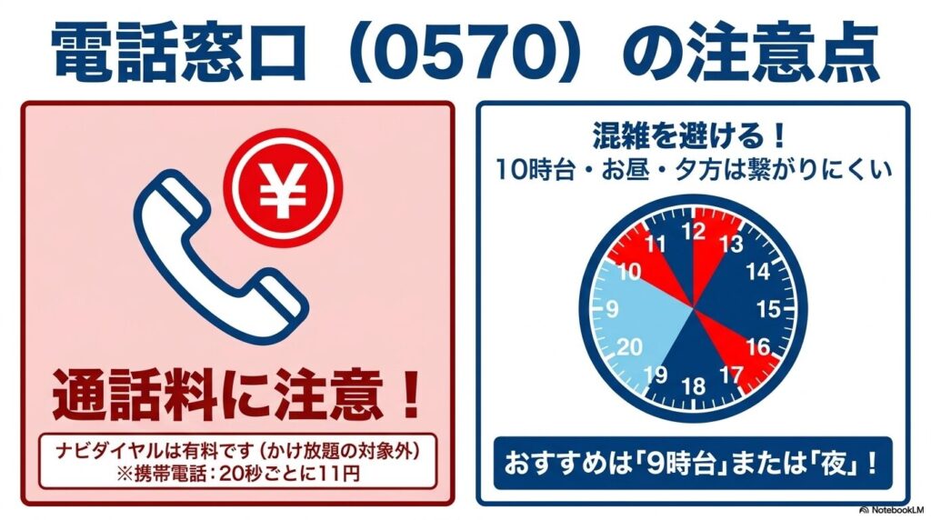電話窓口の通話料に関する注意点と、混雑を避けて繋がりやすい時間帯の案内です。